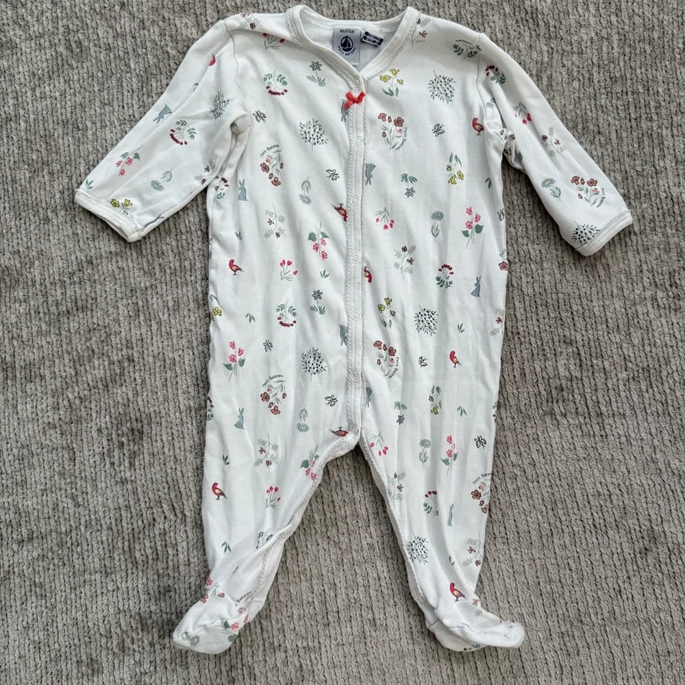 Petit Bateau Baby Footed Sleeper Woodland Floral‎ Bunny Rabbit Print 6M